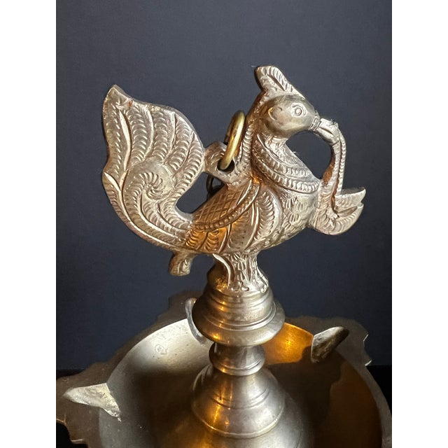 Vintage Pair of Hanging Two Tiered Brass Peacock Diyas For Sale In Washington DC - Image 6 of 12