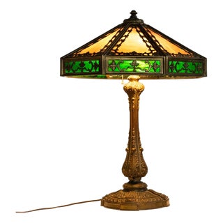 Antique American Arts & Crafts 3 Light Slag Glass Table Lamp by Miller Co. 1910 For Sale
