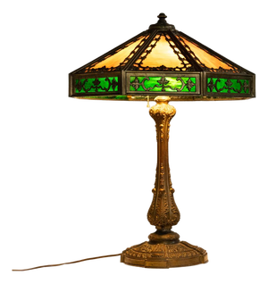 Antique American Arts & Crafts 3 Light Slag Glass Table Lamp by Miller Co. 1910