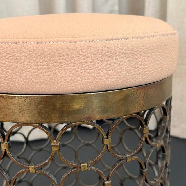 1960s 1960s Hollywood Regency Circular Brass and Leather Stool Ottoman For Sale - Image 5 of 8