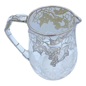 American Engraved Grape Motif & Silver Overlay Crystal Pitcher, Possibly Hawkes