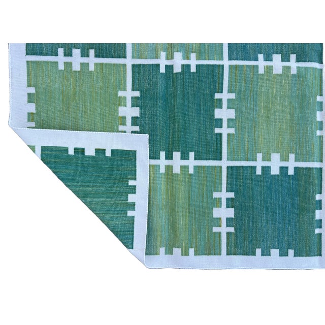 Casa Cosima Handmade Cotton Area Rug, Natural Vegetable Dyed, Green and Cream Checked Dhurrie- 8'x10' For Sale - Image 4 of 10
