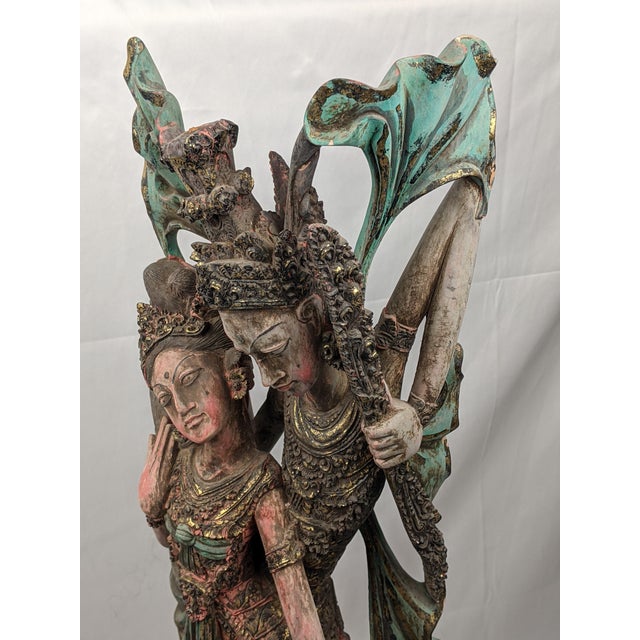 Large Vintage Balinese Polychrome Carved Wood Rama and Sita Sculpture, 32" For Sale - Image 10 of 17