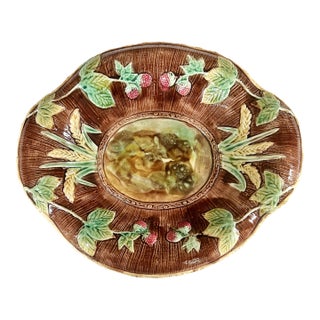 Antique 19 Century Majolica Large 14" Wide Bread Tray W/Wheat Sheaves Berries Tortoise Center For Sale