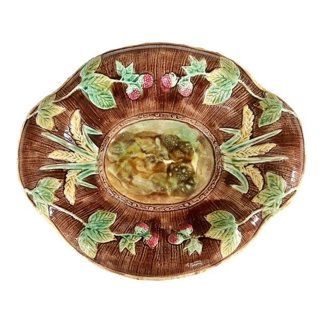 Antique 19 Century Majolica Large 14" Wide Bread Tray W/Wheat Sheaves Berries Tortoise Center For Sale