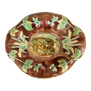 Antique 19 Century Majolica Large 14" Wide Bread Tray W/Wheat Sheaves Berries Tortoise Center