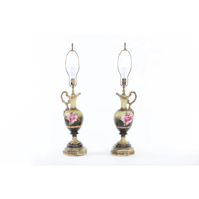 Early 20th Century Gilt Porcelain Pair Table Lamps For Sale - Image 4 of 10