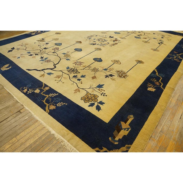 1920s 1920s Beige Medallion Oriental Antique Chinese Peking 11'10'' X 14'6'' Wool Rug For Sale - Image 5 of 9