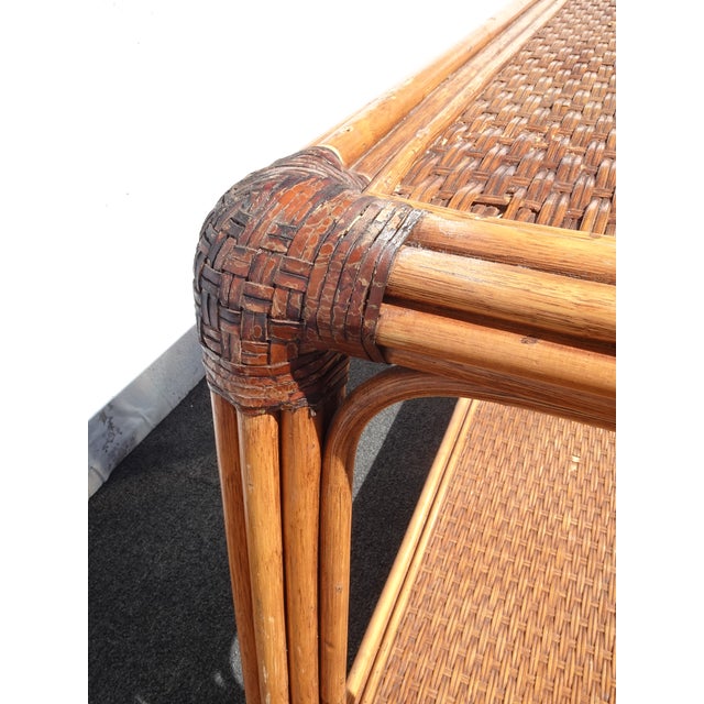 Brown Vintage Rustic Console Sofa Table Tiki Palm Beach Style W Bamboo Rattan Leather For Sale - Image 8 of 11