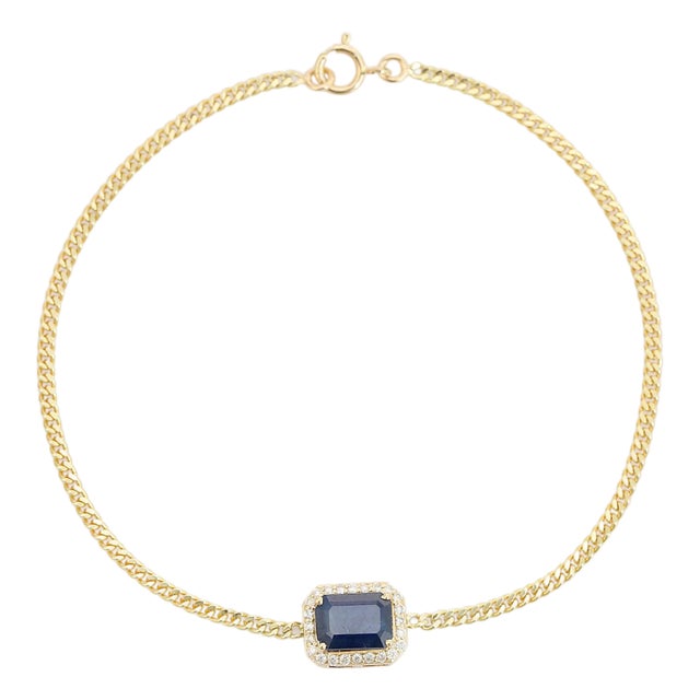 Blue Sapphire & Diamond Emerald Cut Link Bracelet in 14k Gold For Sale