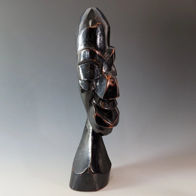 Tribal Abstract Hand Carved Ebony Wood Bust Sculpture, African Tribal Brutalist Modern For Sale - Image 3 of 11