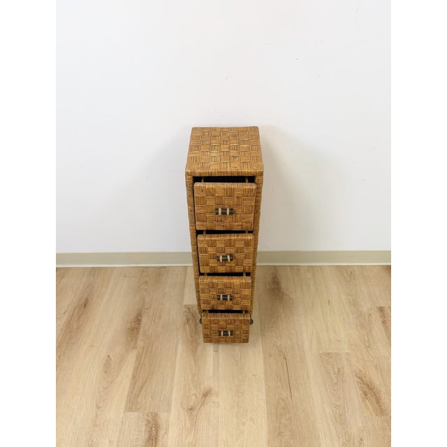 Wood Wicker Parquetry Apothecary Narrow Four Drawer Chest Metal Base Coastal For Sale - Image 7 of 10