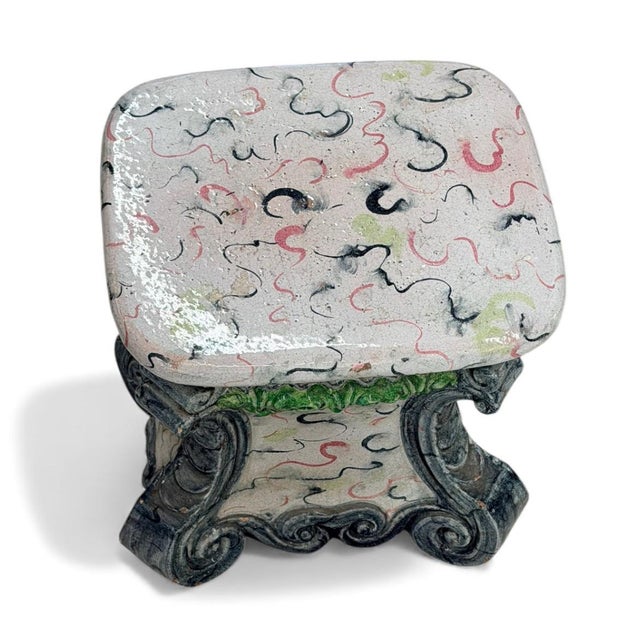 Baroque 1980s Highly Decorative Glazed Ceramic Garden Stool/Side Table With Baroque Base For Sale - Image 3 of 6