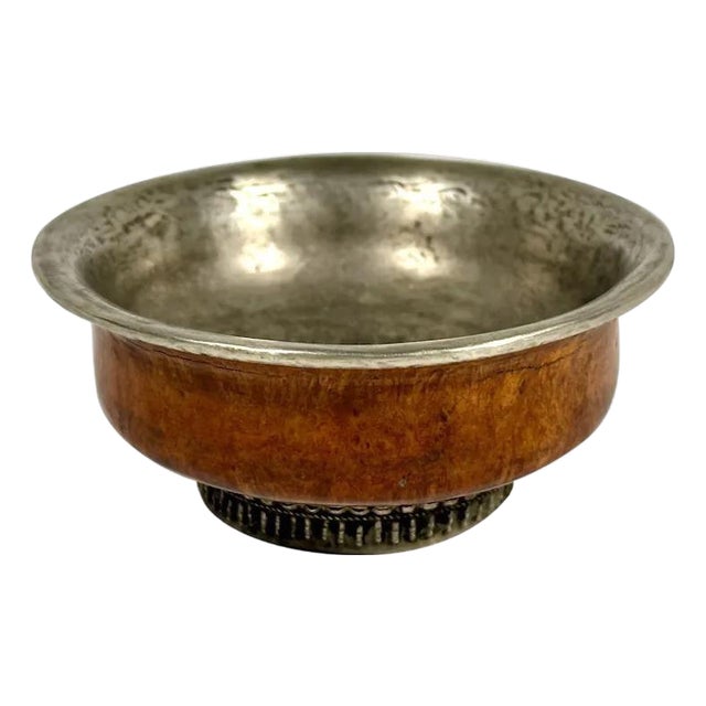 Antique Tibetan Burlwood Tea Bowl with Silver Lining For Sale
