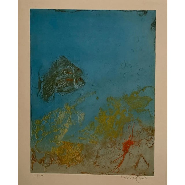 Kaiko Moti engraving titled "Aquarium" India circa 1950's, signed on the mat in the lower right.