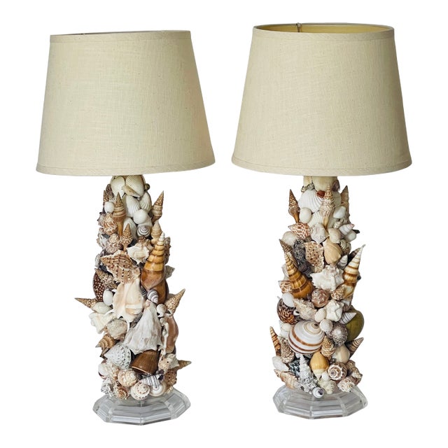 1970s Natures Beauty Sea Shells Encrusted Pair Table Lamps - a Pair For Sale