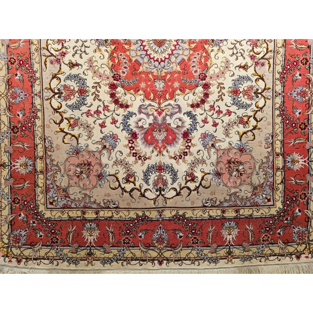 Textile Vintage Persian Tabriz Area Rug, Handwoven Floral Pattern With Silk, Ivory & Salmon, 5’ X 7’ For Sale - Image 7 of 12