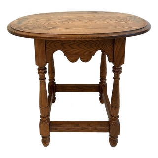 1980s Authentic L. Hitchcock Signed Oval Side Table - Solid Oak Harvest Stenciled Accent End Table - Scalloped Apron For Sale