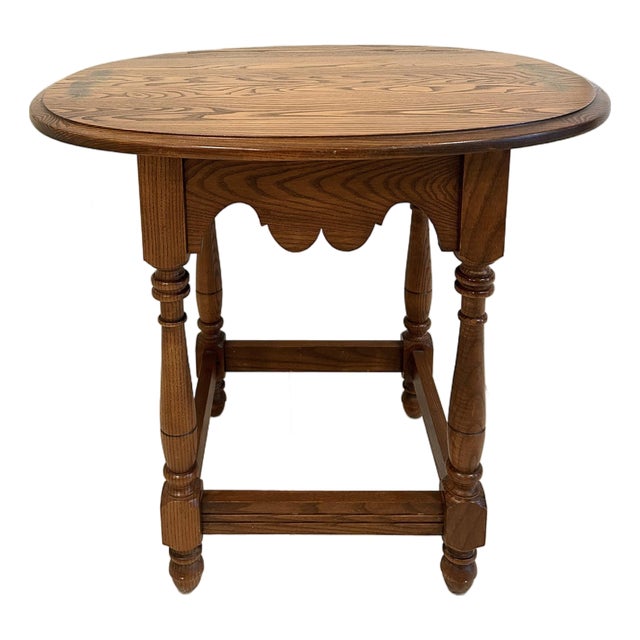 1980s Authentic L. Hitchcock Signed Oval Side Table - Solid Oak Harvest Stenciled Accent End Table - Scalloped Apron For Sale
