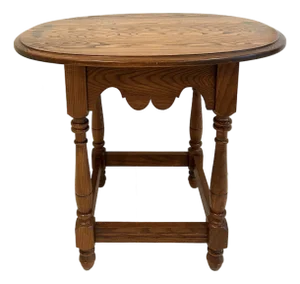 1980s Authentic L. Hitchcock Signed Oval Side Table - Solid Oak Harvest Stenciled Accent End Table - Scalloped Apron