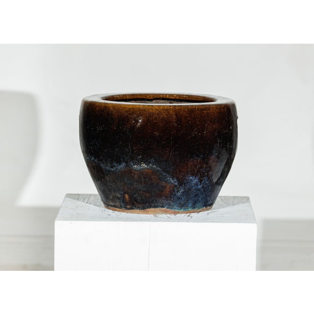 Vintage Brown and Blue Glazed Chinese Stoneware Planter with Rounded Lip For Sale - Image 13 of 18