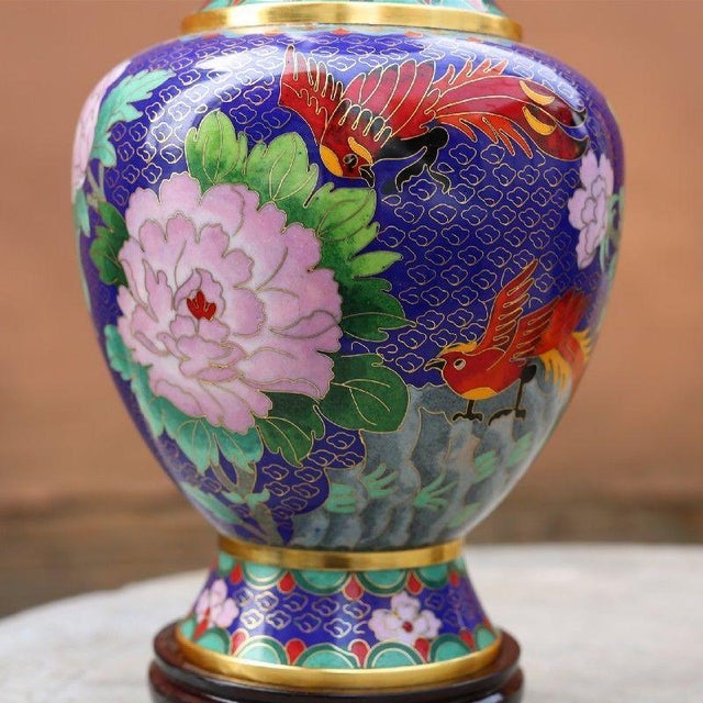 Pair of Large Vintage Cloisonné Enamel Vases – Sapphire Blue Ground, Phoenix & Peony Motif For Sale - Image 11 of 12