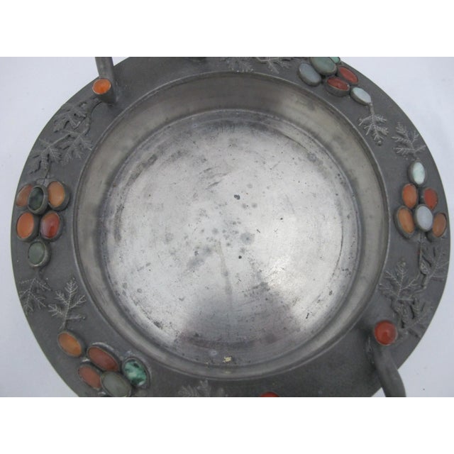 Chinese Jade & Carnelian Inlaid Flowers Pewter Bowl With Cobalt Glass Inserts For Sale - Image 10 of 10