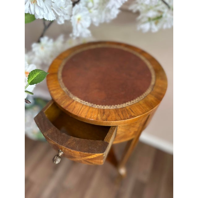 Late 19th Century Antique French Inlaid Occasional Table With Leather Top & Single Drawer For Sale - Image 5 of 7