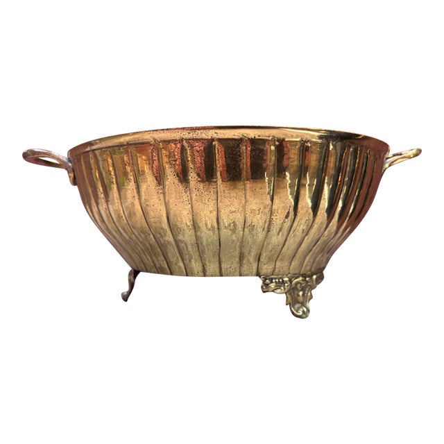 Vintage Solid Brass Centerpiece or Planter Bowl With Handles and Feet For Sale
