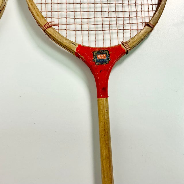 Red 1950s Vintage Boho Chic Wood Badminton Rackets - Set of 2. For Sale - Image 8 of 9