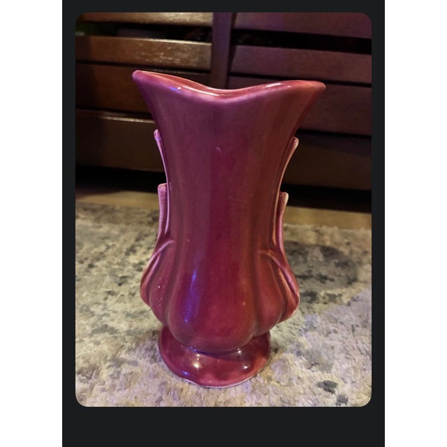 1940’s Rare Vintage McCoy Petal Leaf Flared Vase - Mauve Burgundy Gloss Glaze For Sale - Image 12 of 12