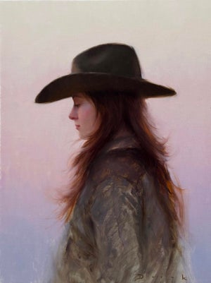 Evening Solitude by Derek Harrison | Oil on Linen Portrait of a woman in a hat.