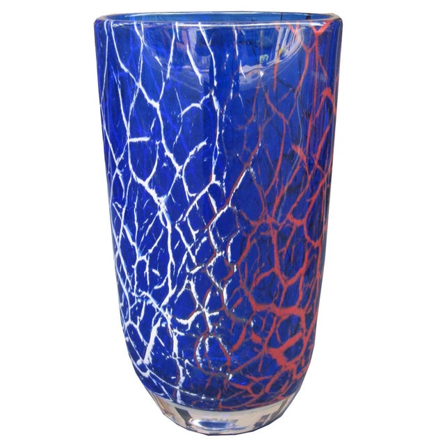 A Seguso designed Italian art glass vase. Cobalt blue with red and white pattern details. Signed: Archimede Seguso Murano.