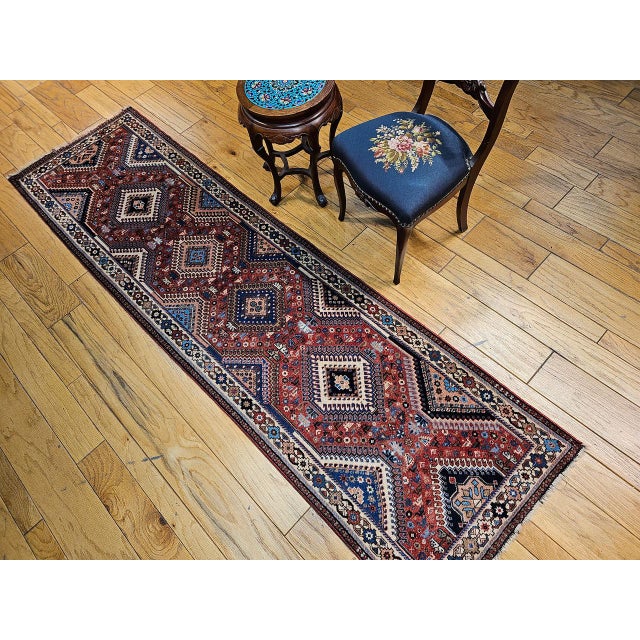 Persian Vintage Persian Shiraz Tribal Runner Rug, Hand-Knotted Wool, Geometric Medallion Pattern, Red & Blue, 3x10 For Sale - Image 3 of 15