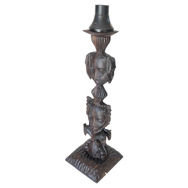Sculptural Table Lamp Carved on Every Sides in Wood, France, 1950s For Sale