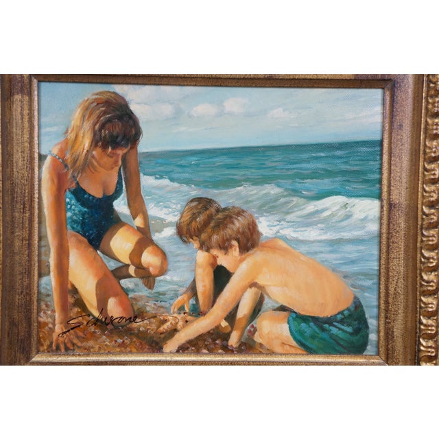 Late 20th Century Timeless Treasures Coastal Seascape Family on the Beach Oil Painting 20" For Sale - Image 12 of 12