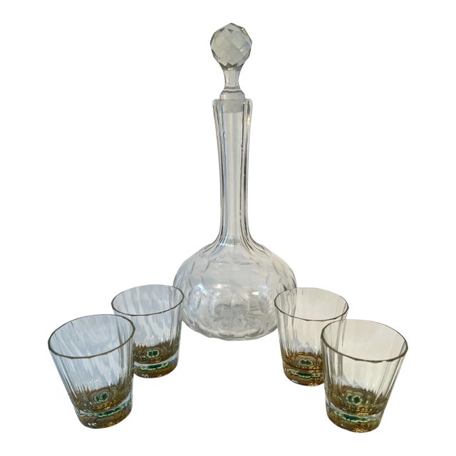 Decanter and Four Crystal Shot Glasses with Hand Painted Clover Details - 5 Pieces For Sale