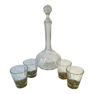 Decanter and Four Crystal Shot Glasses with Hand Painted Clover Details - 5 Pieces