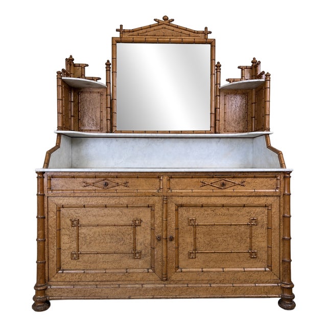 French Faux‑bamboo Birds‑Eye Maple and Marble Dressing Cabinet, 1890 For Sale