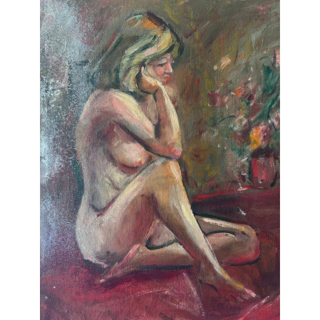 Striking 1950s figurative oil painting depicting a seated female nude beside a floral still life, rendered with loose,...