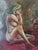 Striking 1950s figurative oil painting depicting a seated female nude beside a floral still life, rendered with loose,...