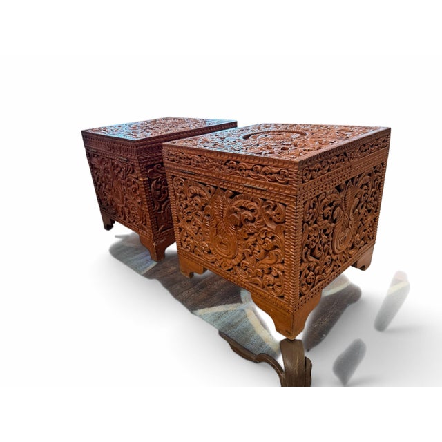 English Pair of Vintage Anglo-Indian Hand-Carved Teak Side Tables / Storage Chests For Sale - Image 3 of 7