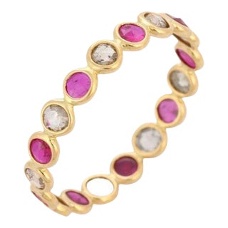 18k Solid Yellow Gold Alternate Ruby and Diamond Eternity Band Ring Size 7 For Sale