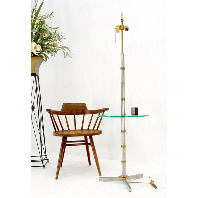 Faux Bamboo Pattern Tripod Base Floor Lamp Round Glass Side Table For Sale - Image 6 of 12