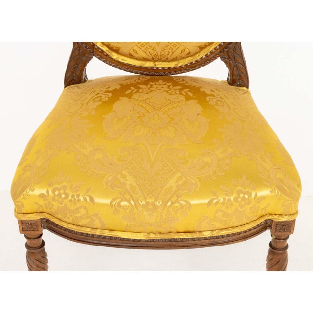 Louis XVI Style Yellow Silk Damask Upholstered Walnut Side Chair For Sale - Image 4 of 7