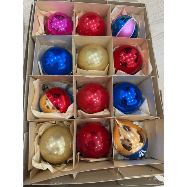 Vintage handblown multicolor striped and solid glass ornaments from Poland in box.