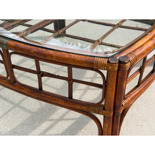 Vintage Tortoise Bamboo Rattan Square Coffee Table With Glass Top For Sale In Naples, FL - Image 6 of 12