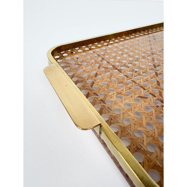 Wood Mid-Century Modern Acrylic Glass, Brass and Cane Webbing Tray in the style of Christian Dior, 1970s For Sale - Image 7 of 18