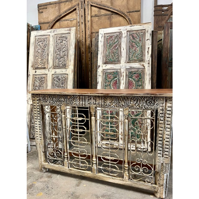 1920s Rustic Console Table Wrought Iron Jali Carved Entryway Table 64 For Sale In Orlando - Image 6 of 11