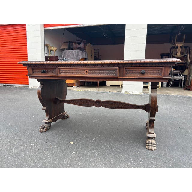 1920s Antique 1920s Trestle Library Table Solid Wood For Sale - Image 5 of 6